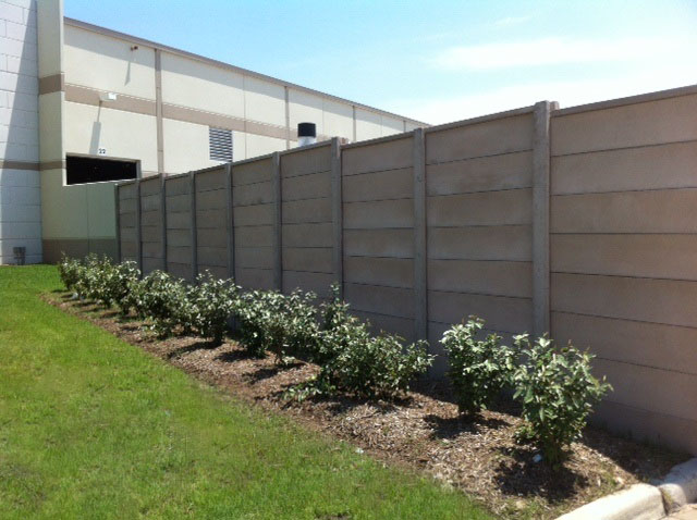 A tall concrete panel fence runs alongside a building, with a row of small green bushes planted in mulch and grass lining the base of the fence under a clear blue sky.