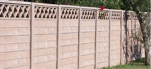 A beige fence with a wood-like texture and a decorative diamond lattice pattern along the top runs beside grass and some trees. A few red flowers peek through the lattice near the upper right.