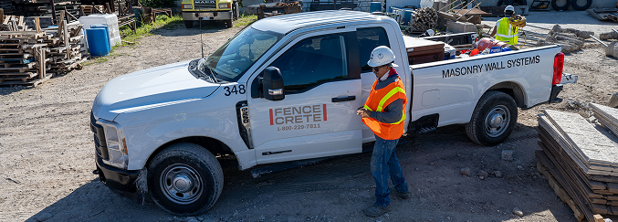 A construction worker in a safety vest stands beside a white pickup truck labeled Fence Crete Masonry Wall Systems at a construction site, while another worker is in the truck bed handling materials.